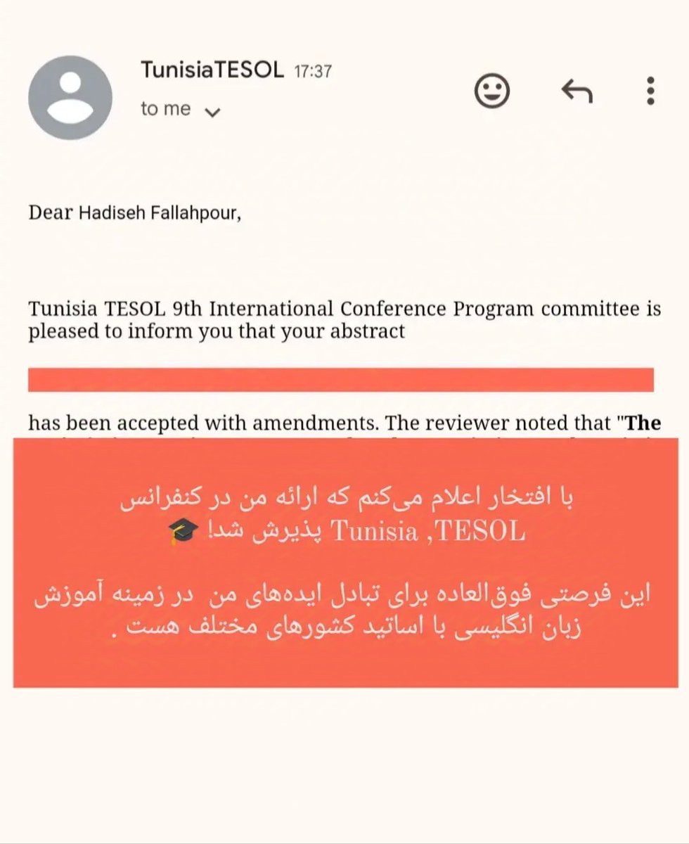 hadisehfallah's tweet photo. با افتخار اعلام می‌کنم که ارائه من در کنفرانس TESOL ، Tunisia پذیرش شد! 🎓✈️
این یک  فرصت فوق‌العاده‌ای برای تبادل ایده‌های در زمینه آموزش زبان انگلیسی با 
اساتید کشورهای مختلف جهان هست .

#ConferenceOpportunity #conference #hasisehfallahpour https://t.co/aoYxLpTwNj
