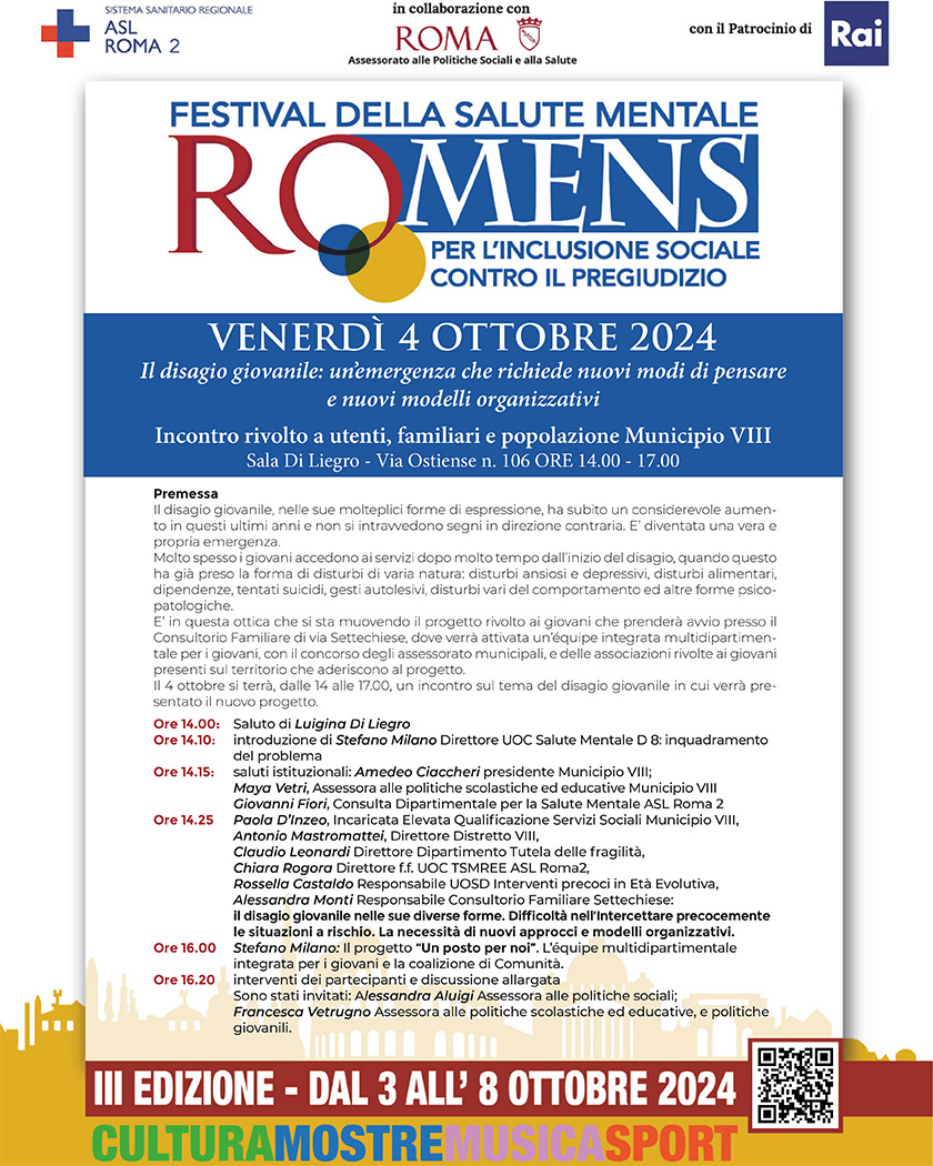 VENERDÌ 4 OTTOBRE 2024

Il disagio giovanile: un’emergenza che richiede nuovi modi di pensare e nuovi modelli organizzativi.

Incontro rivolto a utenti, familiari e popolazione Municipio VIII

Programma della giornata: fondazionediliegro.com/eventi/il-disa…

#salutementale #eventiroma