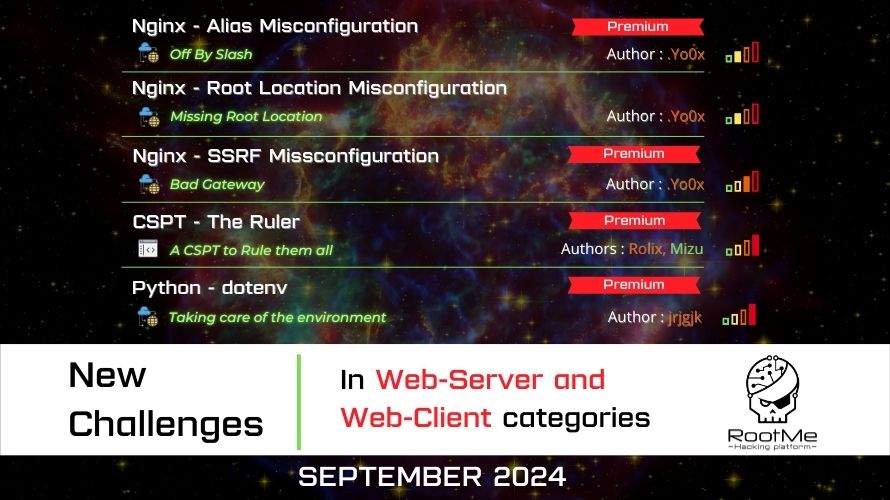 rootme_org's tweet photo. What if your Everest was to take your client/server web security skills to the next level (and boost your Root-Me points in the process)? ⛰️💻

5 new challenges are now available in the Web-Client and Web-Server categories 
 👉 https://t.co/yBGycCTMmk

Thanks to the authors: @YoOx15, @Rolix_cy, @kevin_mizu and #jrjgjk! 🙏

#RootMe