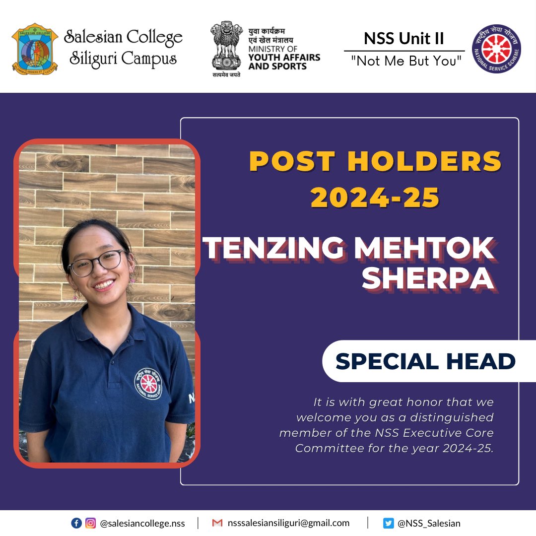 NSS_Salesian's tweet photo. With a vision for unique solutions, Tenzing Mehtok Sherpa, our Special Head, is here to drive forward initiatives that redefine service and create meaningful impact. 🌟💙

#nss #nssvolunteers #nss2024 #salesiancollege
#CreativeSolutions https://t.co/pzZQjsWrA6