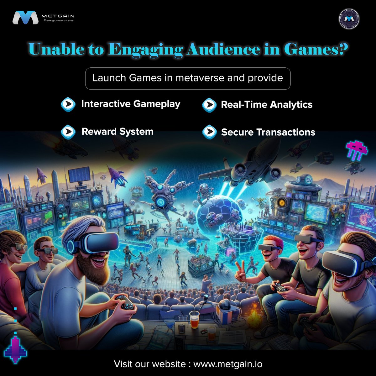 metgain_io's tweet photo. Struggling to keep your audience engaged in gaming?
Take it to the next level by launching games in the Metaverse!
..
🌐👉: https://t.co/1MbOfcGy3W
..
#MetaverseGames #Metgain #RewardSystem #SecureTransactions #RealTimeAnalytics https://t.co/CBPuahSSK2
