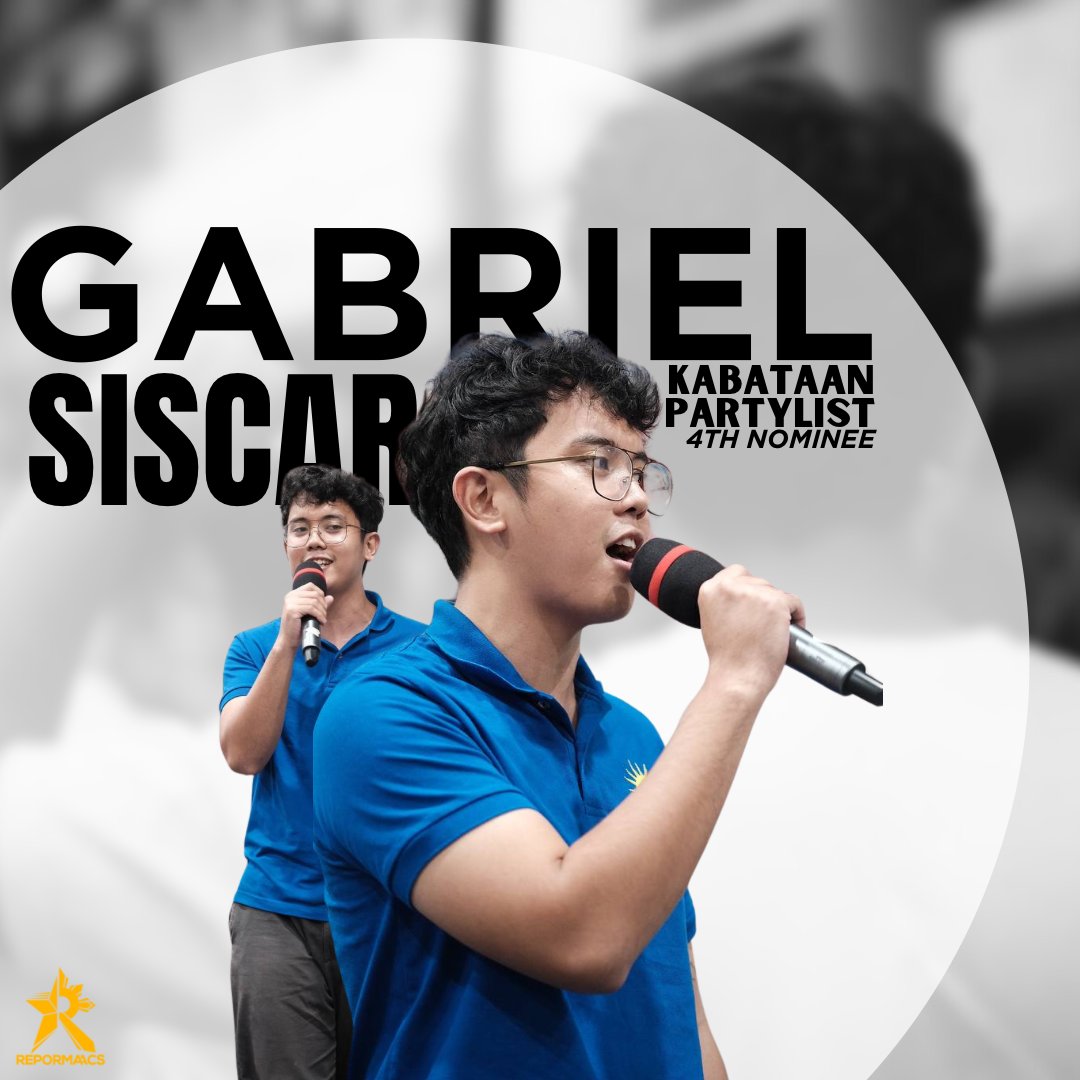 REPORMA_ACS's tweet photo. Sa laban tungo sa mas malakas na representasyon sa boses ng Kabataan, Ipinapaabot ng #REPORMAACS ang aming suporta kay Gabriel Siscar sa kanyang pagtakbo bilang ika-apat na nominado ng partido ng Kabataan Partylist sa nalalapit na 2025 Midterm Elections. https://t.co/oKwaD6RRum