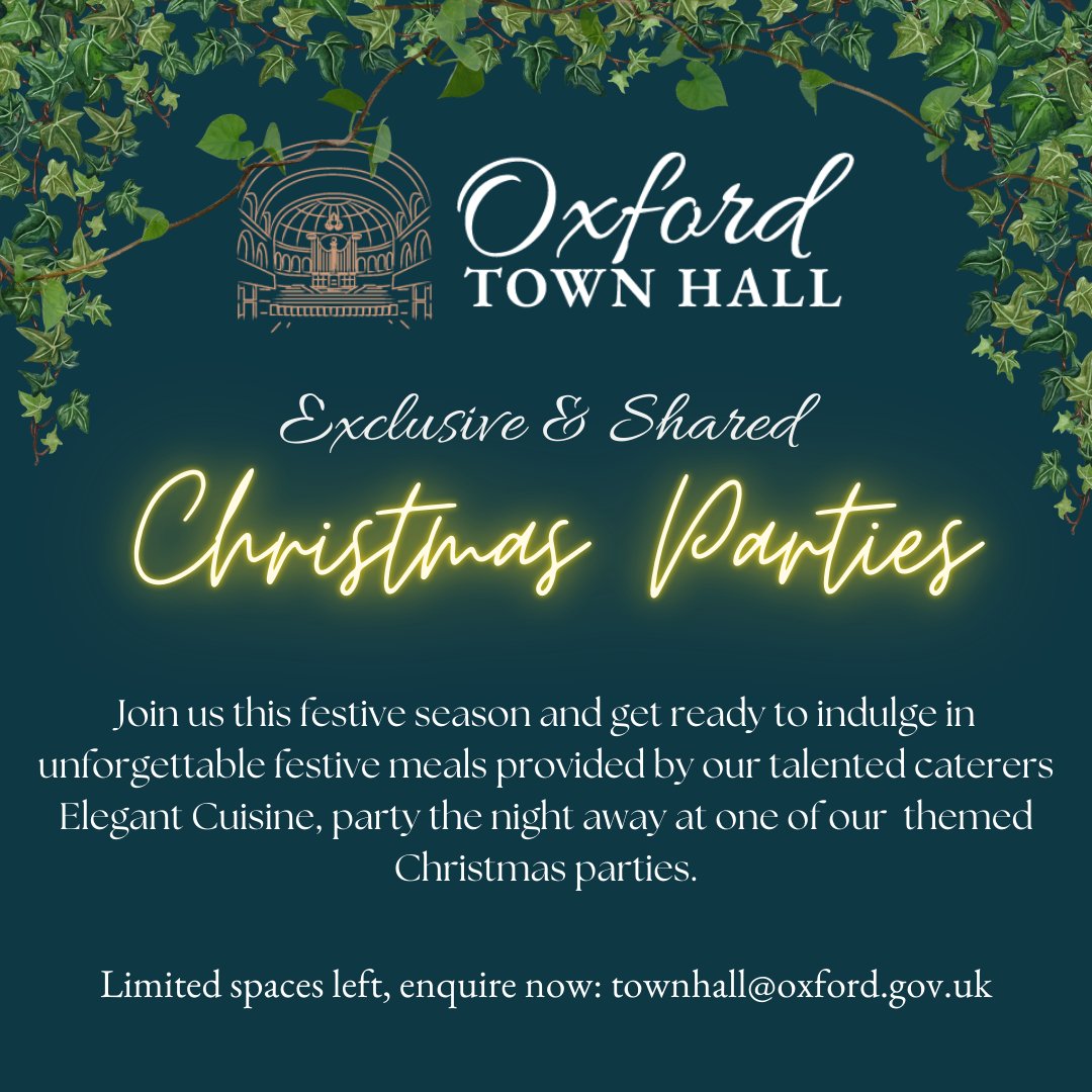 Oxford Town Hall (@oxfordtownhall) on Twitter photo Join us this festive season and get ready to indulge in unforgettable festive meals provided by our talented caterers Elegant Cuisine, party the night away at one of our themed Christmas parties! 🎅🥂
Secure your party now, contact us on: townhall@oxford.gov.uk Join us this festive season and get ready to indulge in unforgettable festive meals provided by our talented caterers Elegant Cuisine, party the night away at one of our themed Christmas parties! 🎅🥂
Secure your party now, contact us on: townhall@oxford.gov.uk