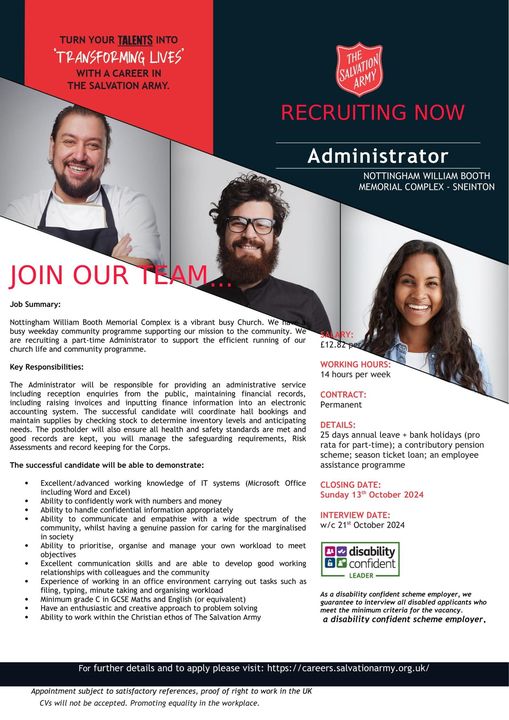 📣Job opening next door to the museum at the <a href="/salvationarmyuk/">The Salvation Army</a> Community Centre, #Sneinton, #Notts! Part-time Administrator. Work with a great team &amp; make a positive difference in people's lives. Closing date: 13 Oct

👉Details and apply at: tinyurl.com/2zk5xena

<a href="/MyNottingham/">🏹 My Nottingham</a>