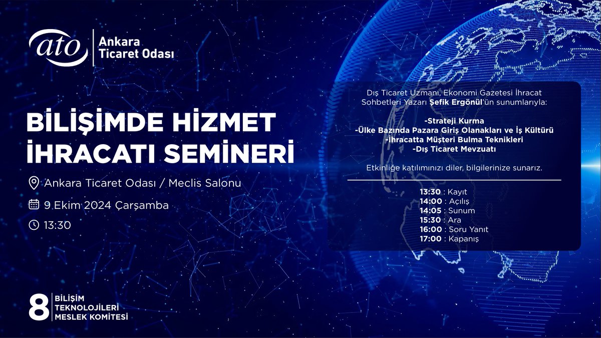ATOkurumsal's tweet photo. Ankara Ticaret Odası 8 No’lu Bilişim Teknolojileri Meslek Komitesi tarafından organize edilen ve Dış Ticaret Uzmanı-Ekonomi Gazetesi İhracat Sohbetleri Yazarı Şefik Ergönül’ün sunumuyla gerçekleştirilecek “Bilişimde Hizmet İhracatı Semineri”ne davetlisiniz.

🗓️ 9 Ekim 2024, Çarşamba
🕜 13:30
📌 Ankara Ticaret Odası Meclis Salonu

Detaylı bilgi ve ücretsiz kayıt için 👇
https://t.co/PvDH7LsiYV
