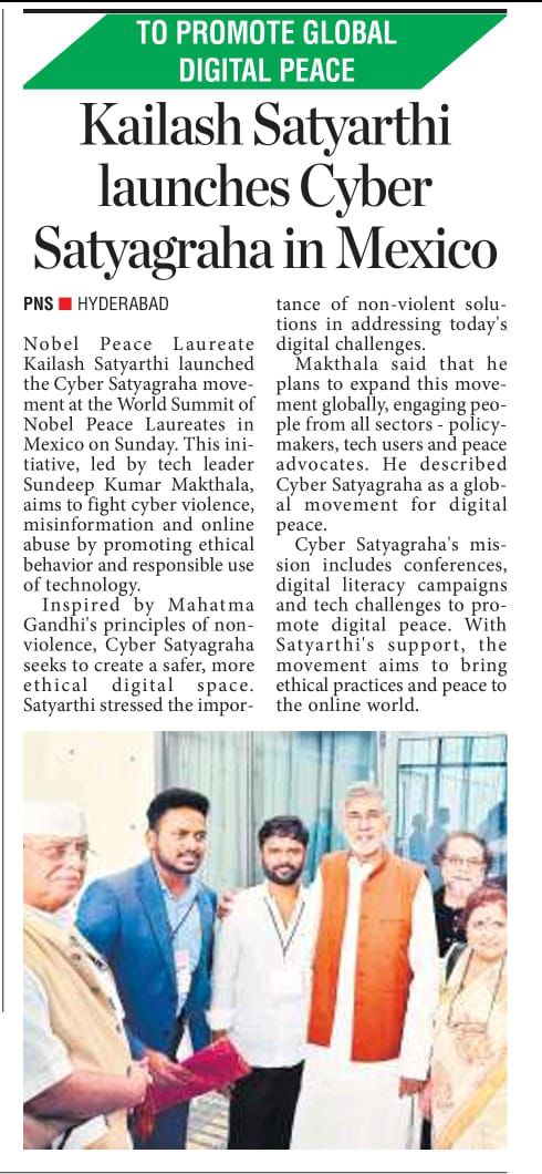 SundeepMakthala's tweet image. 🕊️ #CyberSatyagraha Movement Initiated @ Nobel Peace Summit!

Key Initiatives:
🌐 `&amp;lt;CyberPeaceConferences&amp;gt;` 
📖 `&amp;lt;DigitalLiteracyCampaigns&amp;gt;`
🔌  `&amp;lt;DigitalDisconnect&amp;gt;`  
✋🏻 `&amp;lt;PeacePledge&amp;gt;` 
🏅 `&amp;lt;CyberPeaceAward&amp;gt;`