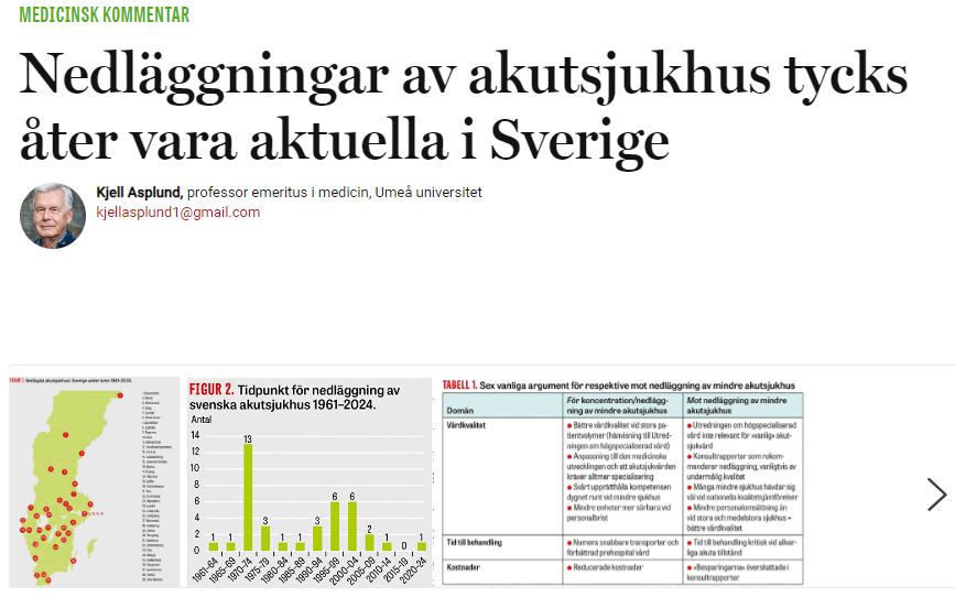 Kjell Asplund, professor emeritus i medicin, Umeå universitet, har gjort en läsvärd sammanställning och analys av argumenten för nedläggning av akutsjukhus i Sverige sedan 1961 i <a href="/lakartidn/">Läkartidningen</a>. Hur har nedläggningarna utvecklats över tid, och hur ser deras dramaturgi ut?

Hela