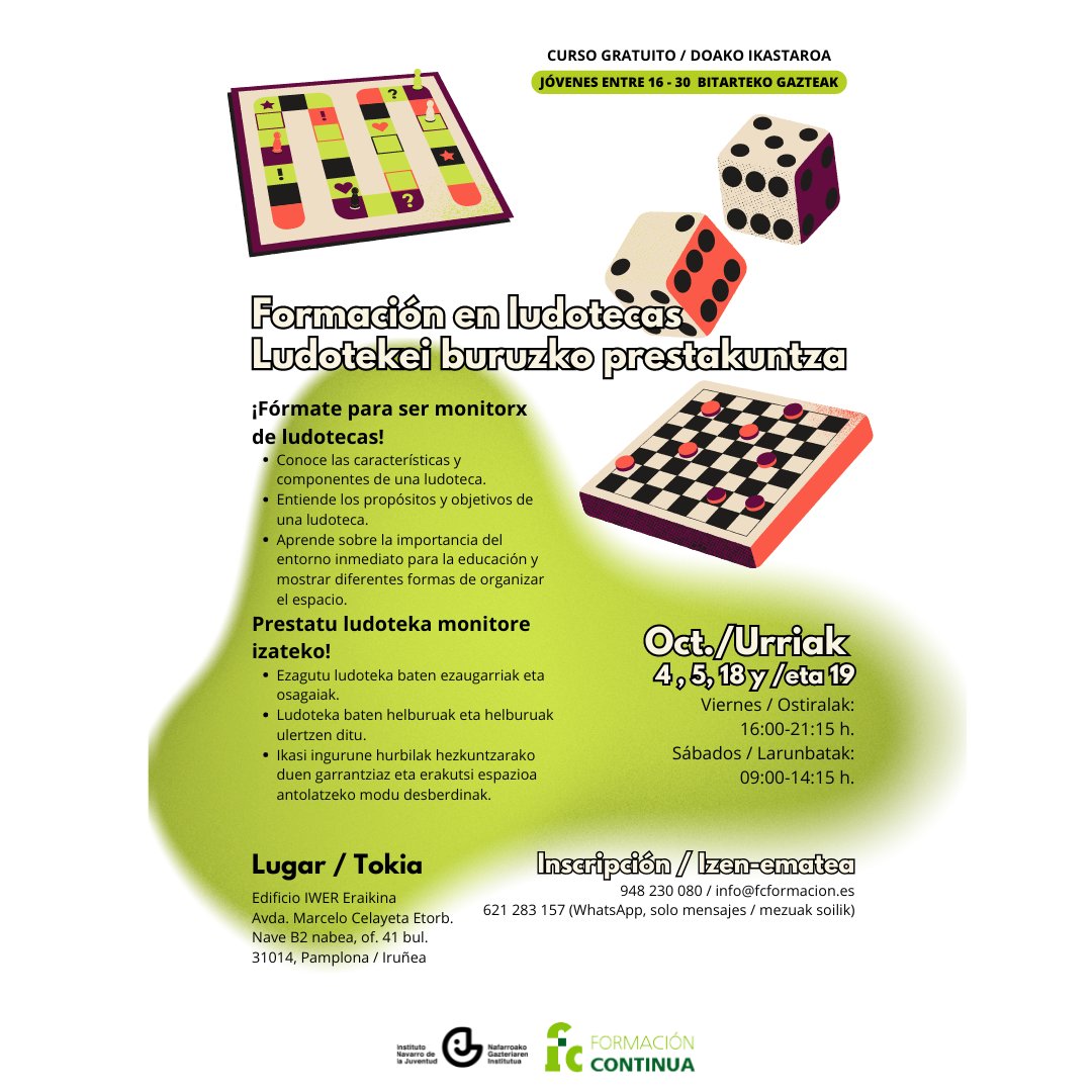 juventud_na's tweet photo. ⚠️ADI! DATEN ALDAKETA!⚠️

🔥BERRIAK🔥

🟢IRUÑEA: Zabalik "Ludotekei buruzko prestakuntza" ikastarorako izen-ematea

📆Urriak 4, 5, 18, 19
🕐Or. 16-21:15 h.; Lr. 9-14:15 h.
📍IWER Eraikina

👉Izena eman!
948230080/info@fcformacion.es
621283157 (WA)

#Ludoteka #Gazteria #Nafarroa https://t.co/Q5YQaZjX61