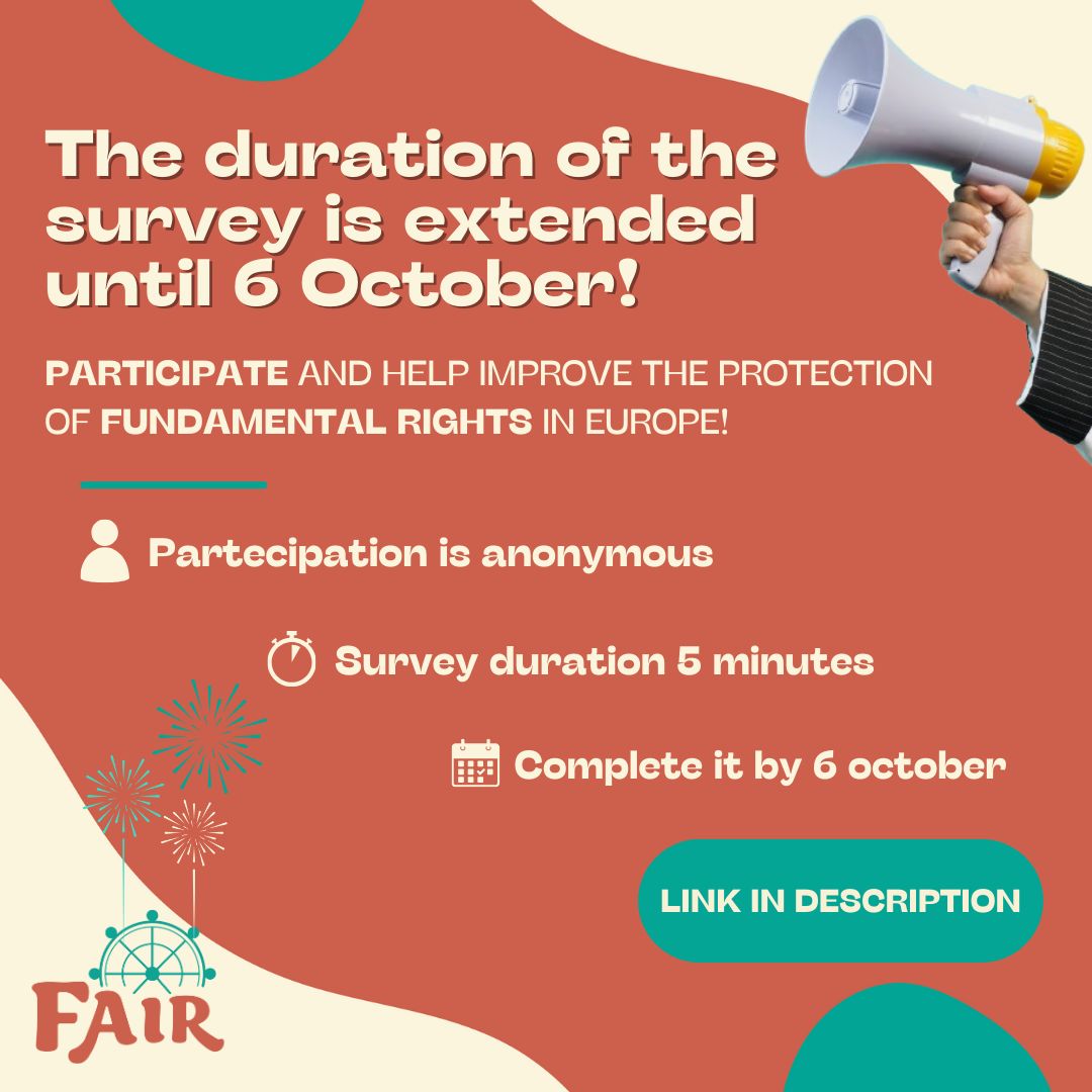 📣 The survey deadline has been extended to 6 October! Your input is key to understanding how the #EUCharterofFundamentalRights is perceived across countries.  

Take the survey now: 🌐 lnkd.in/d5UtMNY3

#rights #knowyourrights #europe #survey #EUCharter #fundamentalrights