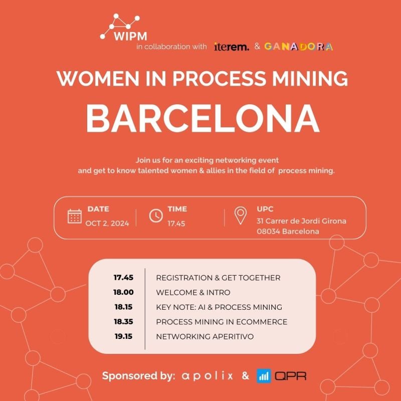 ✨QPR is proud to participate and sponsor the Women in Process Mining (WIPM) networking event in Barcelona!✨
The evening will feature engaging sessions, including a keynote on AI &amp; Process Mining and discussions on Process Mining in eCommerce.
Read more: hubs.la/Q02RlgvZ0