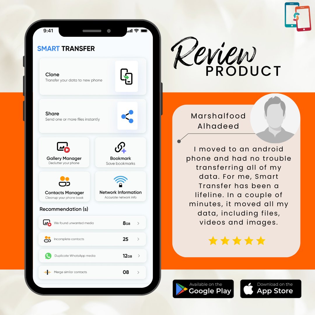 USSmartTransfer's tweet image. 🚀 Switching phones just got easier with #SmartTransfer! Marshalfood Alhadeed moved all their files, videos, and photos in minutes. Try it yourself for a hassle-free phone upgrade! 📱✨
🔗 Available on Google Play &amp;amp; the App Store.
#smarttransfer #bestapp #networkspeedchecker