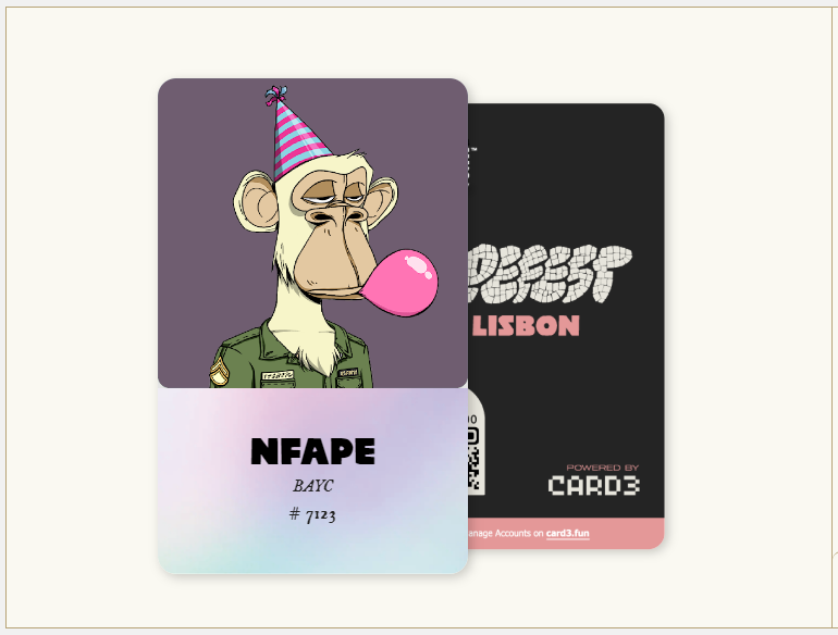 GM Fam' Check this out! 🔥🔥🔥 

I just customized an ApeFest Lisbon limited edition card using Card3! 

If you’re a BAYC/MAYC holder and have an ApeFest Lisbon ticket, you can customize yours right now. 

Limited quantity, first come first served! 
Link: card3.ai/apefest2024