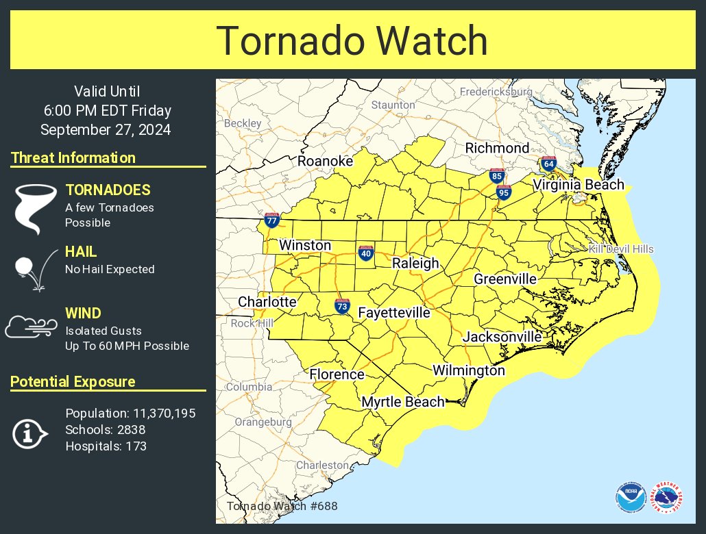 A tornado watch has been issued for parts of North Carolina, South Carolina and Virginia until 6 PM EDT