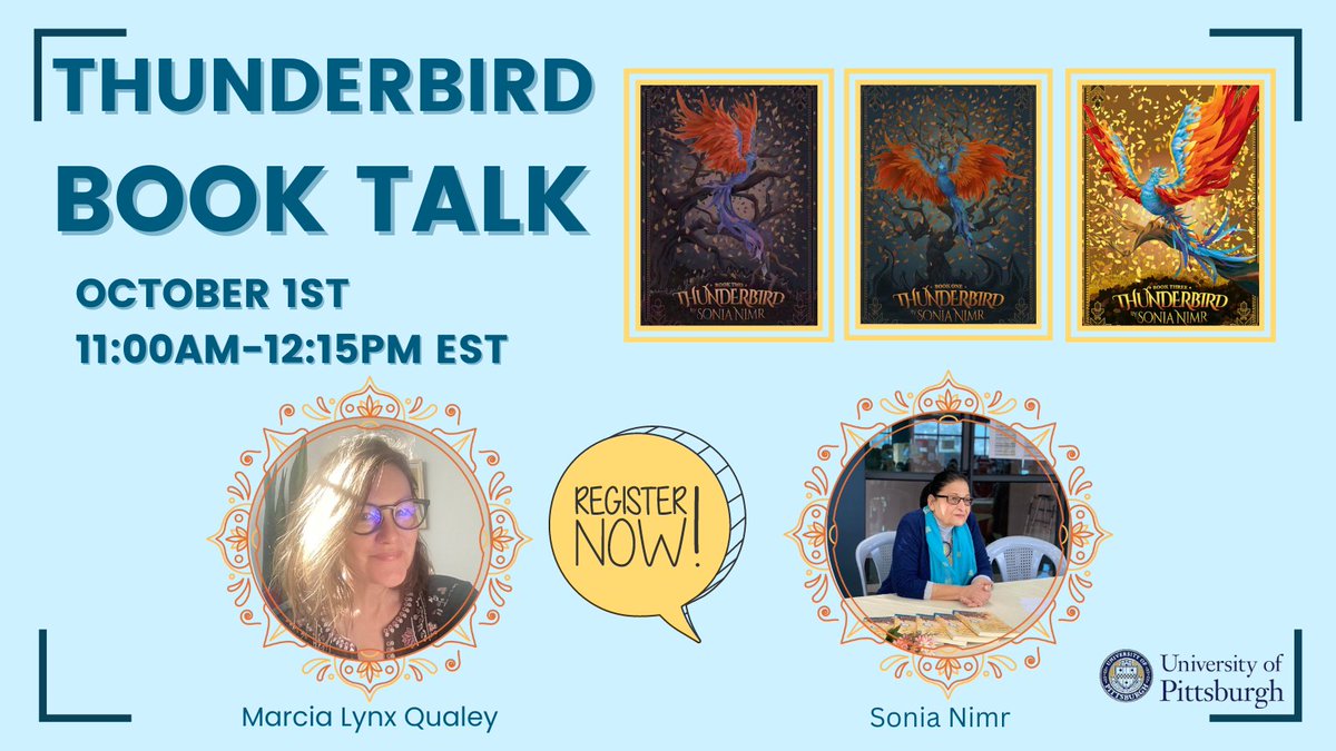 Join us Tuesday, October 1st for a virtual talk with author Sonia Nimr and translator <a href="/mlynxqualey/">M Lynx Qualey</a> about the Thunderbird Trilogy, hosted by the University of Pittsburgh Children's Literature Program! childrenslit.pitt.edu/event/book-tal…