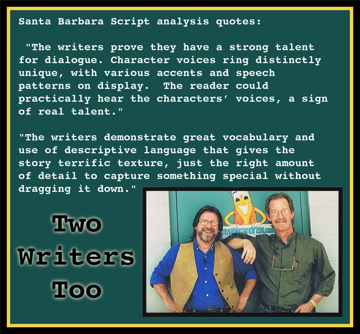 screenwriterTJ's tweet photo. @cianotheone Well, we like to think our descriptions and scenes are written well enough to create believable imagery with out readers. Here is a quote from Coverage of our 8 time laurel winning screenplay "Pepper in the Wind". And thanks so much for your comments. It is appreciated. https://t.co/Wi23GeEVr8