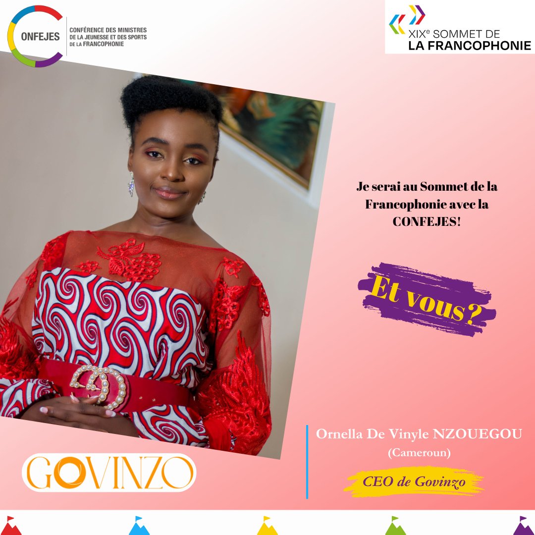 🌍✨ Ornella De VINYLE NZOUEGOU (Cameroun), fondatrice de l’entreprise GOVINZO, au Sommet de la Francophonie 2024, avec la CONFEJES ! ✨🌍

Rejoignez Ornella au Salon FRANCOTECH, les 03 et 04 octobre!

#SommetDeLaFrancophonie2024 #InnovationAfricaine #SantéReproductive #Écologie