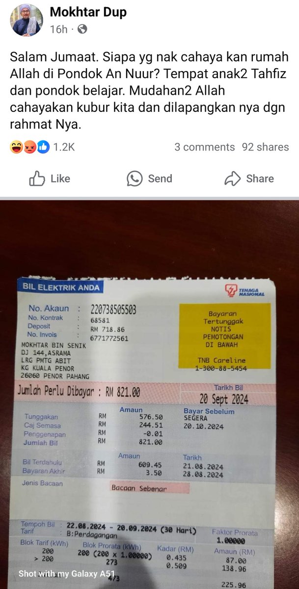 FaktaBukanAuta's tweet photo. Tahukah anda tiap-tiap bulan Mokhtar Senik akan kongsi bil elektrik sekolah pondok dia utk kutip derma.

Bila dapat derma dia bayar RM3.50  ja.

Tengok kat bil akhir dalam bil.

Pastu bulan depan dia kutip derma lagi.

Logik ka orang derma banyak tu ja?

Yg tak tahan tu siap tanya pakej pergi Maldives. 

Takda duit buat cara takda duit.
