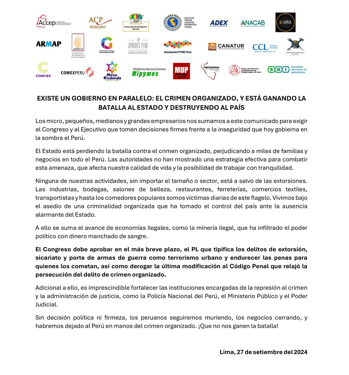 CONFIEP's tweet photo. #Comunicado 

🔴Existe un gobierno en paralelo: El crimen organizado, y está ganando la batalla al Estado y destruyendo al país 

✅El @congresoperu debe aprobar en el más breve plazo, el PL que tipifica los delitos de extorsión, sicariato y porte de armas de guerra como terrorismo urbano y endurecer las penas para quienes los cometan, así como derogar la última modificación al Código Penal que relajó la persecución del delito de crimen organizado.
@CONFIEP