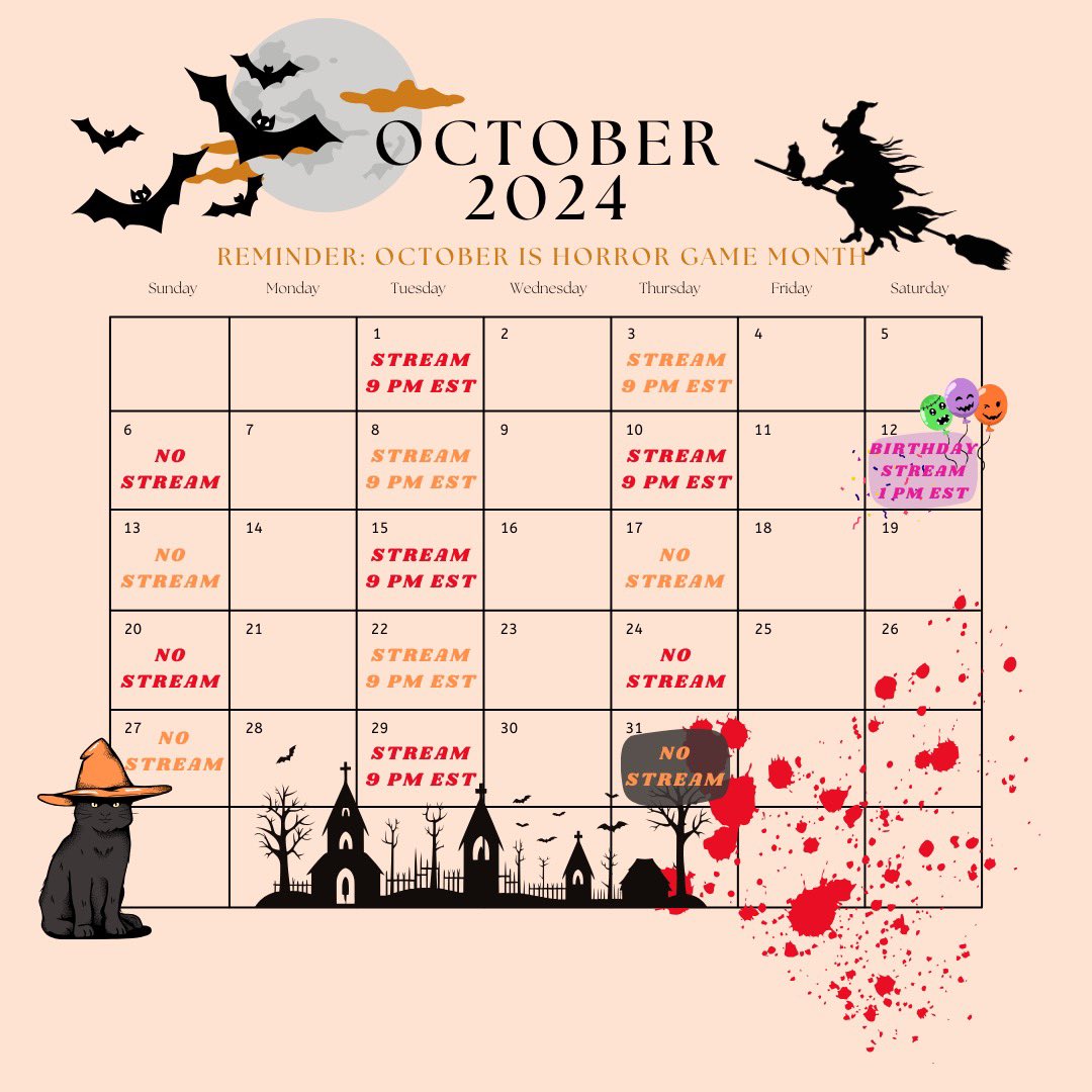 Here is my stream schedule for October! I wanted to put a calendar together because October is always a busy month for me and as a result I have quite a bit of streams that will not happen. Looking forward to getting scared this month with all of you!