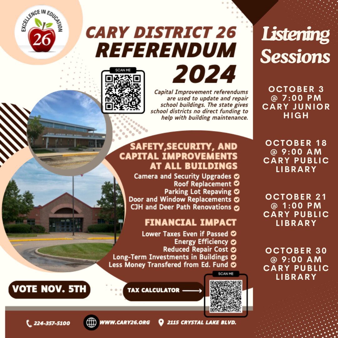 📍Cary School District 26 (@carysd26) on Twitter photo We're hosting community Listening Sessions to discuss the upcoming Referendum, & we want to hear from YOU! Come share your thoughts, ask questions & learn more about how the referendum will impact each of our schools. #Proud2BeD26
More info > bit.ly/cary26referend… We're hosting community Listening Sessions to discuss the upcoming Referendum, & we want to hear from YOU! Come share your thoughts, ask questions & learn more about how the referendum will impact each of our schools. #Proud2BeD26
More info > bit.ly/cary26referend…