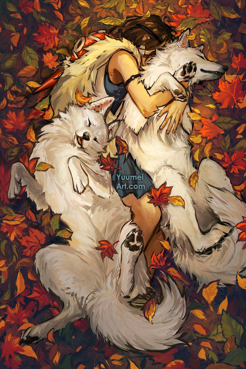The leaves are changing and the days are getting chillier. The autumn vibes make me want to cuddle up with my huskies, so I drew San and her wolf siblings based on some photos of my rescue huskies❤️
