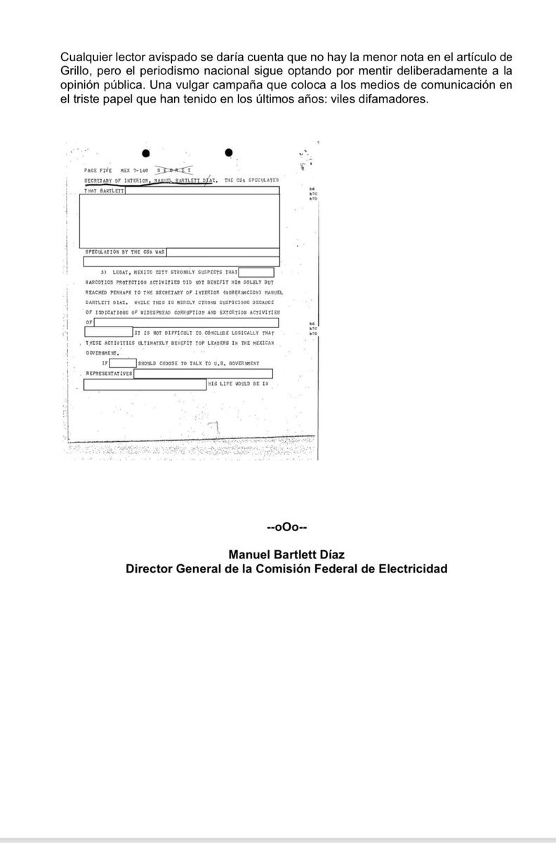 Sobre el artículo titulado “Desclasifican documento sobre investigación a Manuel Bartlett en caso Camarena” y la campaña de difamación que se ha generado a su alrededor, me permito hacer las siguientes observaciones: