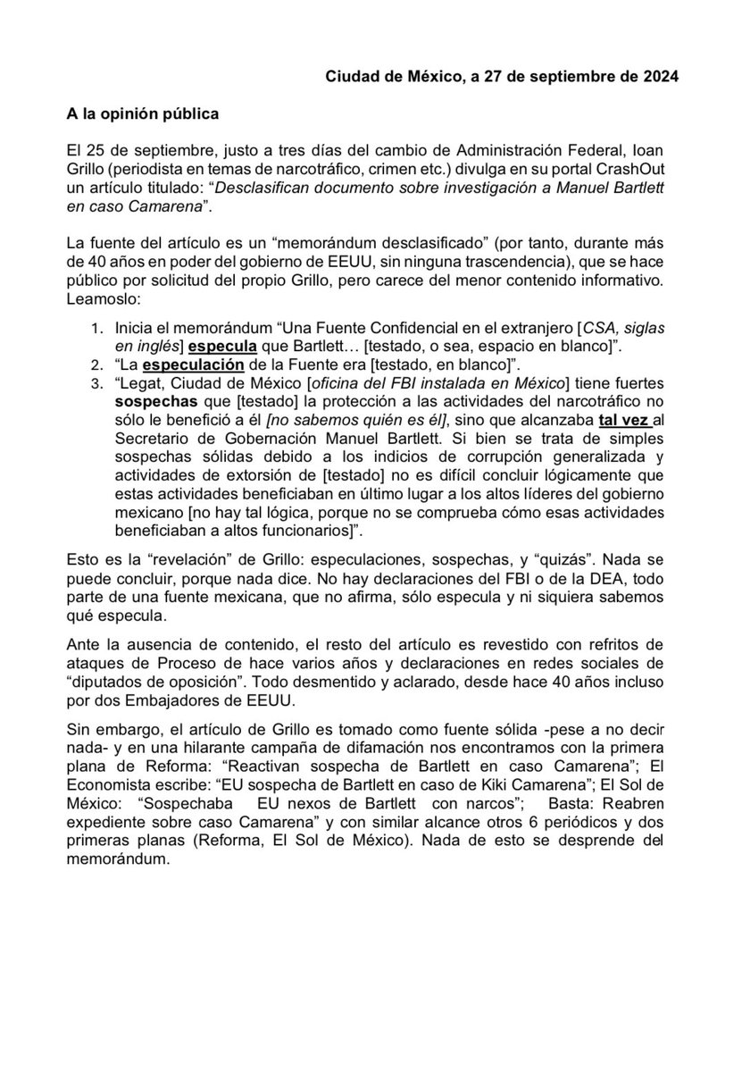 ManuelBartlett's tweet photo. Sobre el artículo titulado “Desclasifican documento sobre investigación a Manuel Bartlett en caso Camarena” y la campaña de difamación que se ha generado a su alrededor, me permito hacer las siguientes observaciones: https://t.co/DIyXoEhSJK