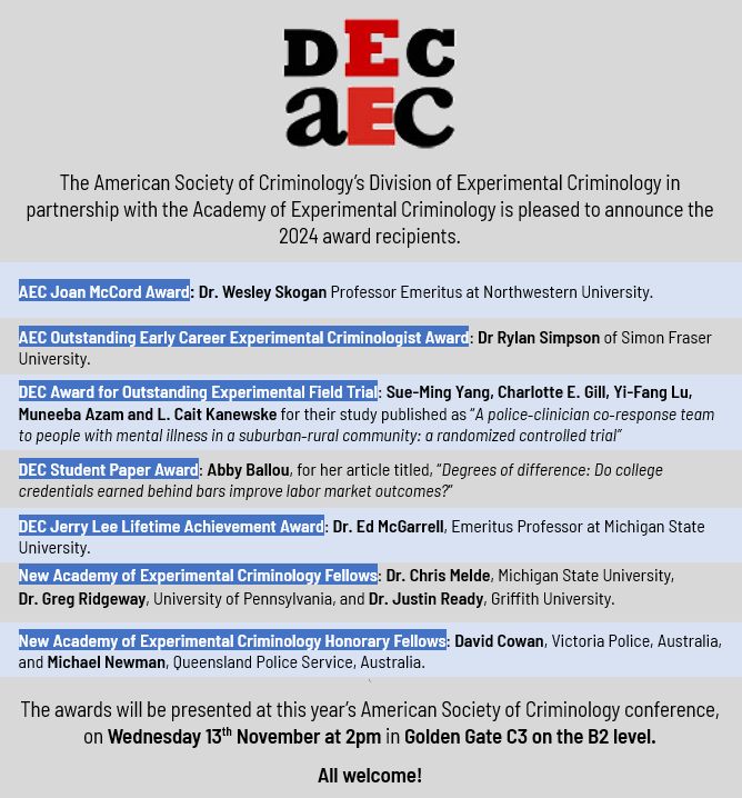 Reducing Crime (@_reducingcrime) on Twitter photo On behalf of Jerry Ratcliffe, chair of the <a href="/ASCRM41/">Amer Soc of Crim</a> Division of Experimental Criminology, it is our great pleasure to announce this year's DEC and AEC award winners and new fellows to the Academy of Experimental Criminology! On behalf of Jerry Ratcliffe, chair of the <a href="/ASCRM41/">Amer Soc of Crim</a> Division of Experimental Criminology, it is our great pleasure to announce this year's DEC and AEC award winners and new fellows to the Academy of Experimental Criminology!
