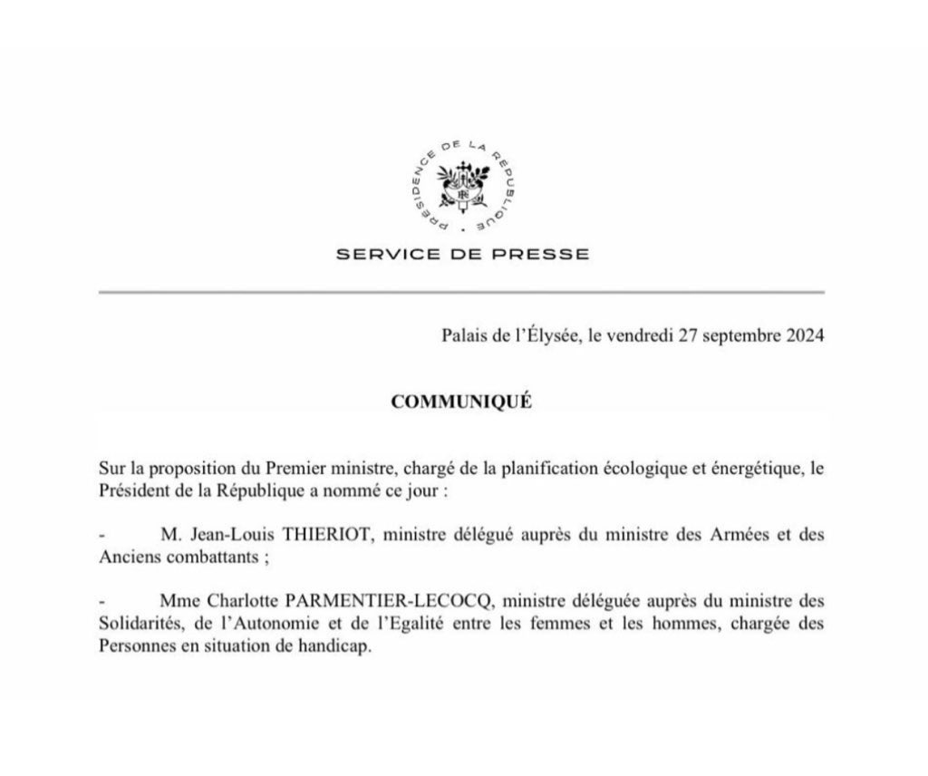 Je salue la nomination de Mme <a href="/lecocqcharlotte/">Charlotte Parmentier Lecocq</a>  nouvelle Ministre déléguée chargée des Personnes en situation de handicap . Au plaisir de travailler ensemble. <a href="/AssoAPHPP/">Association APHPP</a> <a href="/christophe_p/">Paul CHRISTOPHE</a> <a href="/MichelBarnier/">Michel Barnier</a> <a href="/gouvernementFR/">Gouvernement</a> <a href="/EmmanuelMacron/">Emmanuel Macron</a>  <a href="/Elysee/">Élysée</a>