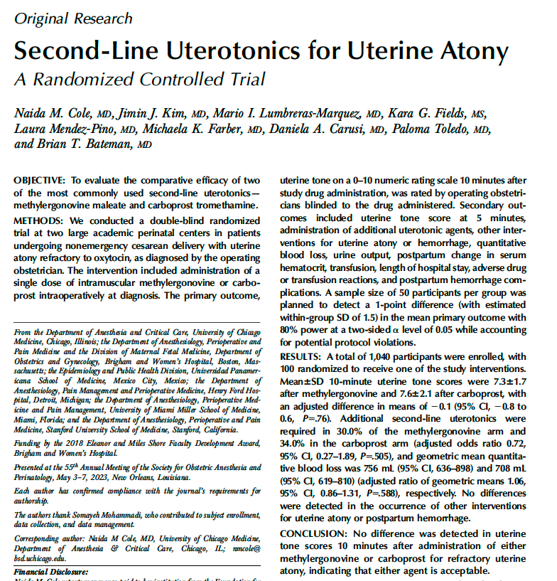 Brigham and Women’s OB Anesthesia (@brighamobanes) on Twitter photo Congrats to our team, including Drs. Jimin Kim, <a href="/FarberMichaela/">Michaela Farber</a> and more, for publishing this important RCT on methylergonovine vs carboprost for uterine atony in the Green Journal. NO differences were detected between these two second line agents. Congrats to our team, including Drs. Jimin Kim, <a href="/FarberMichaela/">Michaela Farber</a> and more, for publishing this important RCT on methylergonovine vs carboprost for uterine atony in the Green Journal. NO differences were detected between these two second line agents.