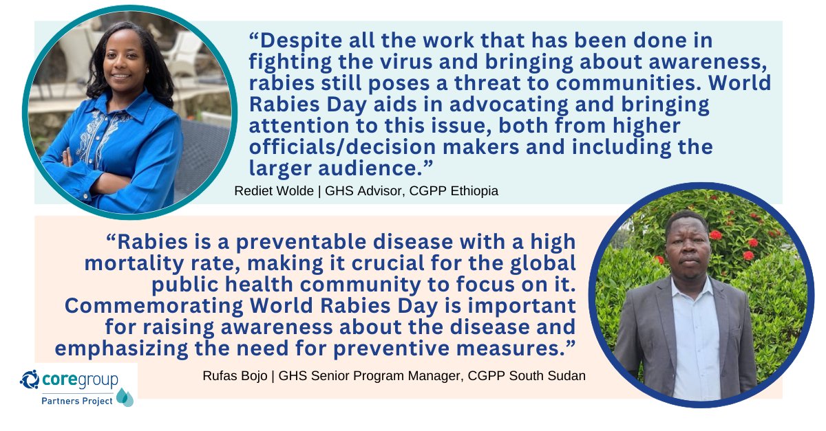 COREGroupDC's tweet photo. Tomorrow, September 28, is 𝗪𝗼𝗿𝗹𝗱 𝗥𝗮𝗯𝗶𝗲𝘀 𝗗𝗮𝘆. Rabies, a fatal zoonotic disease, threatens millions, especially in low-income regions. The CORE Group Partners Project (#CGPP) works in #Ethiopia, #Kenya, #Nigeria, and #SouthSudan to prevent the spread of rabies through Global Health Security (GHS) and One Health approaches, integrating human, animal, and environmental health efforts.
In the article below, 𝗥𝗲𝗱𝗶𝗲𝘁 𝗪𝗼𝗹𝗱𝗲 and @drrufas of CGPP #Ethiopia and #SouthSudan share some achievements and challenges of their work. Both agree that #WorldRabiesDay is an opportunity to raise awareness and advocate for rabies prevention and eradication.
𝗥𝗲𝗮𝗱 𝘁𝗵𝗲 𝗳𝘂𝗹𝗹 𝘀𝘁𝗼𝗿𝘆 𝗮𝘁: https://t.co/7DVORGTXgX
#EndRabiesNow #WRD2024 #RabiesAwareness
