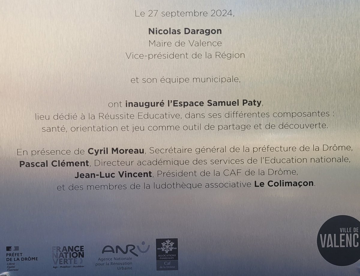 Inauguration de l'espace Samuel Paty de <a href="/VilledeValence/">Valence</a>.  Un lieu dédié à la réussite éducative regroupant le centre d'information et d'orientation, le centre médico-scolaire et la ludothèque Le Colimaçon.