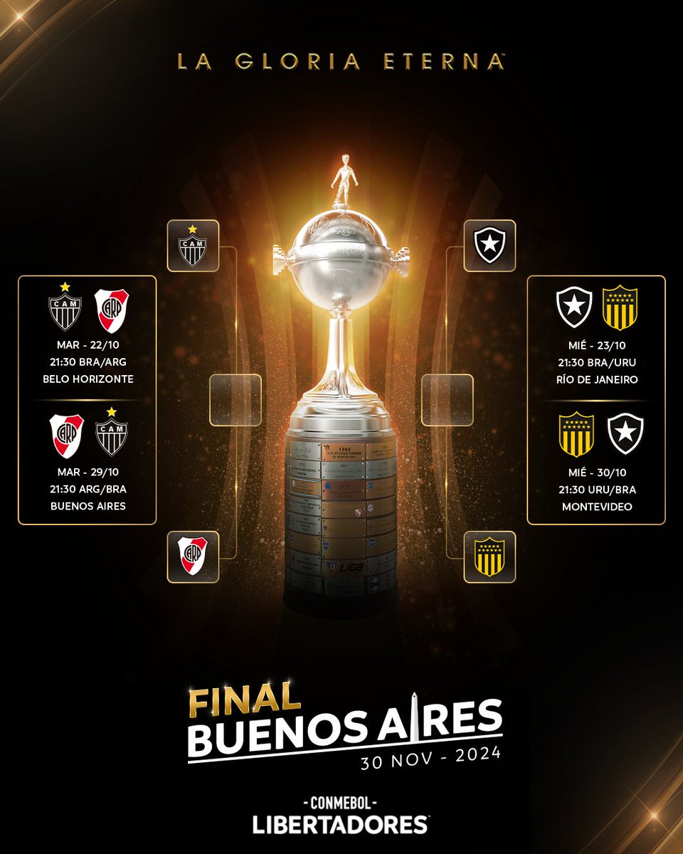 Libertadores's tweet photo. 🇧🇷🇦🇷🇺🇾😍 El cuadro de la CONMEBOL #Libertadores, camino a la Final: días y horarios para los cuatro equipos que quedan en carrera.

#GloriaEterna https://t.co/HF3CqQ2cJn
