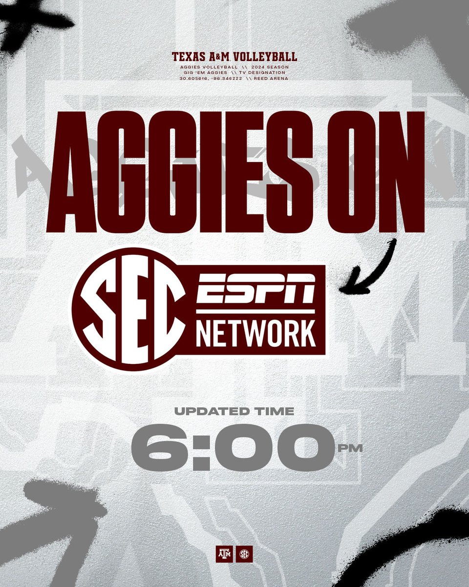 🚨 PASS IT BACK AGS 🚨

OUR MATCH VERSUS TEXAS HAS BEEN MOVED UP TO 6 P.M.  AND WILL BE NOW BE LIVE ON THE SEC NETWORK ‼️

SPREAD THE WORD AND LET'S PACK REED 👍

#GigEm // #AggieVB // <a href="/12thMan/">Texas A&M Athletics</a>