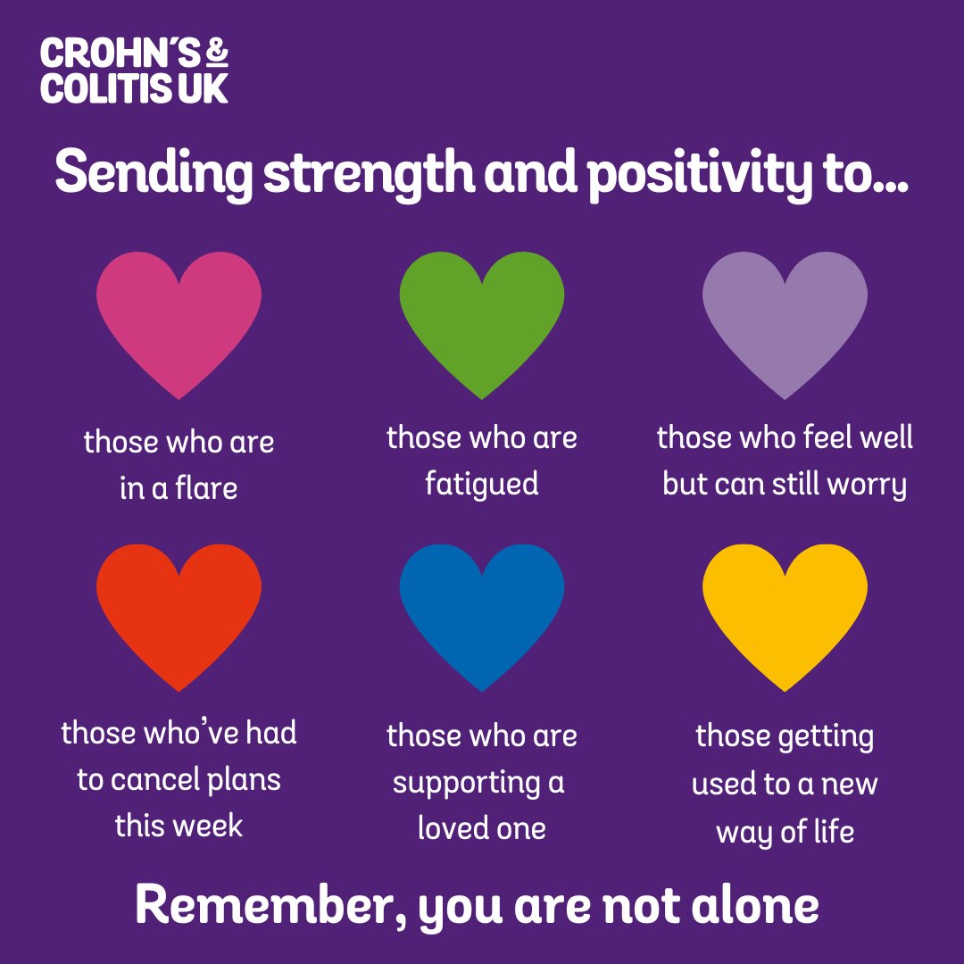 CrohnsColitisUK's tweet photo. Comment your heart 💗💚💜❤️💙💛

Remember, you are not alone.

#Crohns #Colitis #InflammatoryBowelDisease #IBD https://t.co/LPwyBwgte9