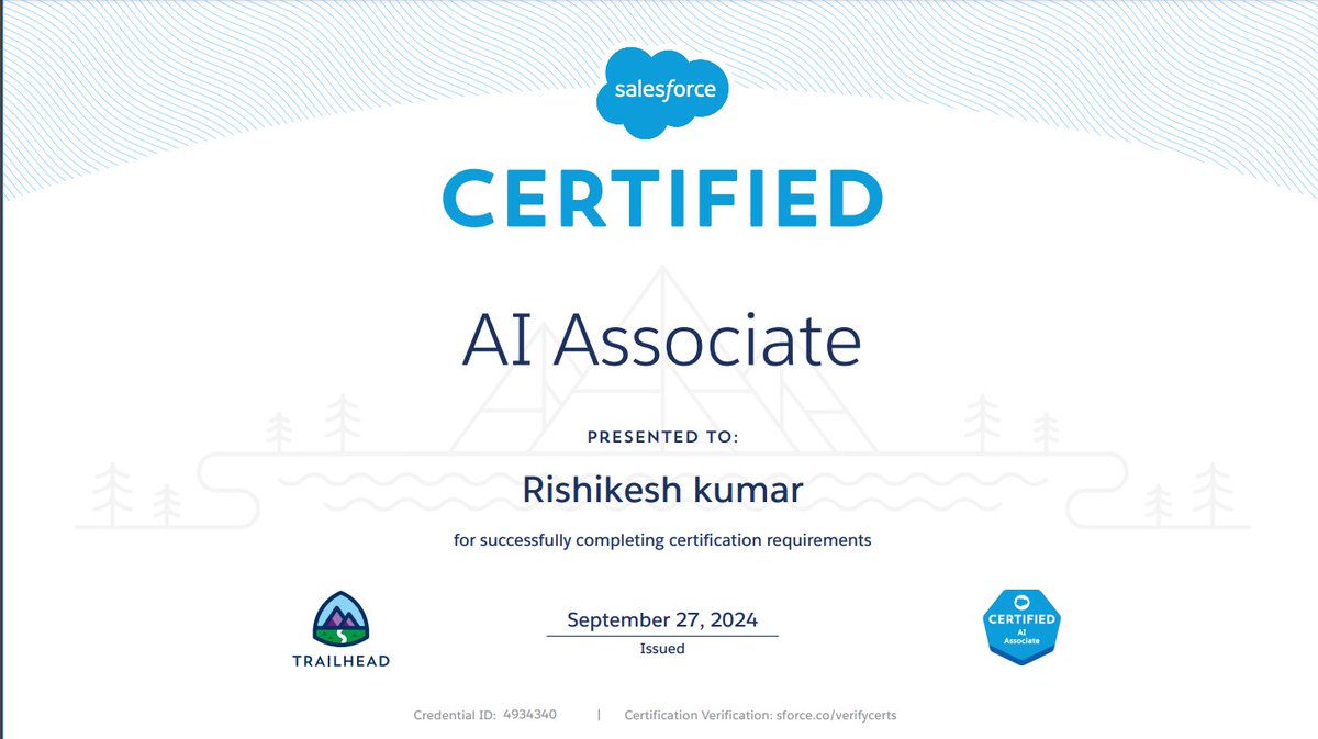 Rishikesh Yadav (@rishikesh_it) on Twitter photo ✨ Achievement Unlocked! ✨ Thrilled to share that I’ve cleared the Salesforce AI Associate Certification! 🎓🚀 This marks a significant step in my journey to leverage AI for smarter solutions and better decision-making. <a href="/salesforce/">Salesforce</a> <a href="/trailhead/">Trailhead</a> <a href="/_CloudPrism_/">CloudPrism</a> <a href="/PrateekPPrasoon/">Prateek Prasoon</a> ✨ Achievement Unlocked! ✨ Thrilled to share that I’ve cleared the Salesforce AI Associate Certification! 🎓🚀 This marks a significant step in my journey to leverage AI for smarter solutions and better decision-making. <a href="/salesforce/">Salesforce</a> <a href="/trailhead/">Trailhead</a> <a href="/_CloudPrism_/">CloudPrism</a> <a href="/PrateekPPrasoon/">Prateek Prasoon</a>