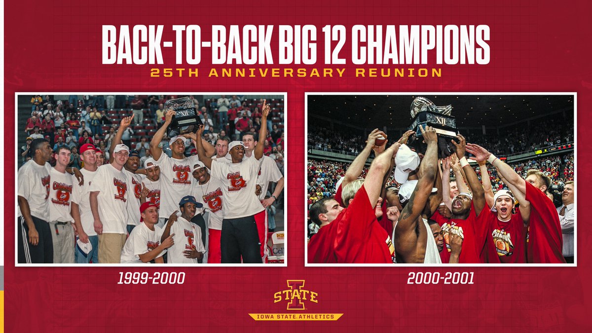 CycloneMBB's tweet photo. 𝙏𝙝𝙚 𝗥𝗲𝘂𝗻𝗶𝗼𝗻.

Join us January 4 against Baylor as we honor the 1999-00 and 2000-01 teams at Hilton Coliseum!

📰: https://t.co/j3oSI64szy

#Cyclones | #C5C https://t.co/hG4xg2EAHY