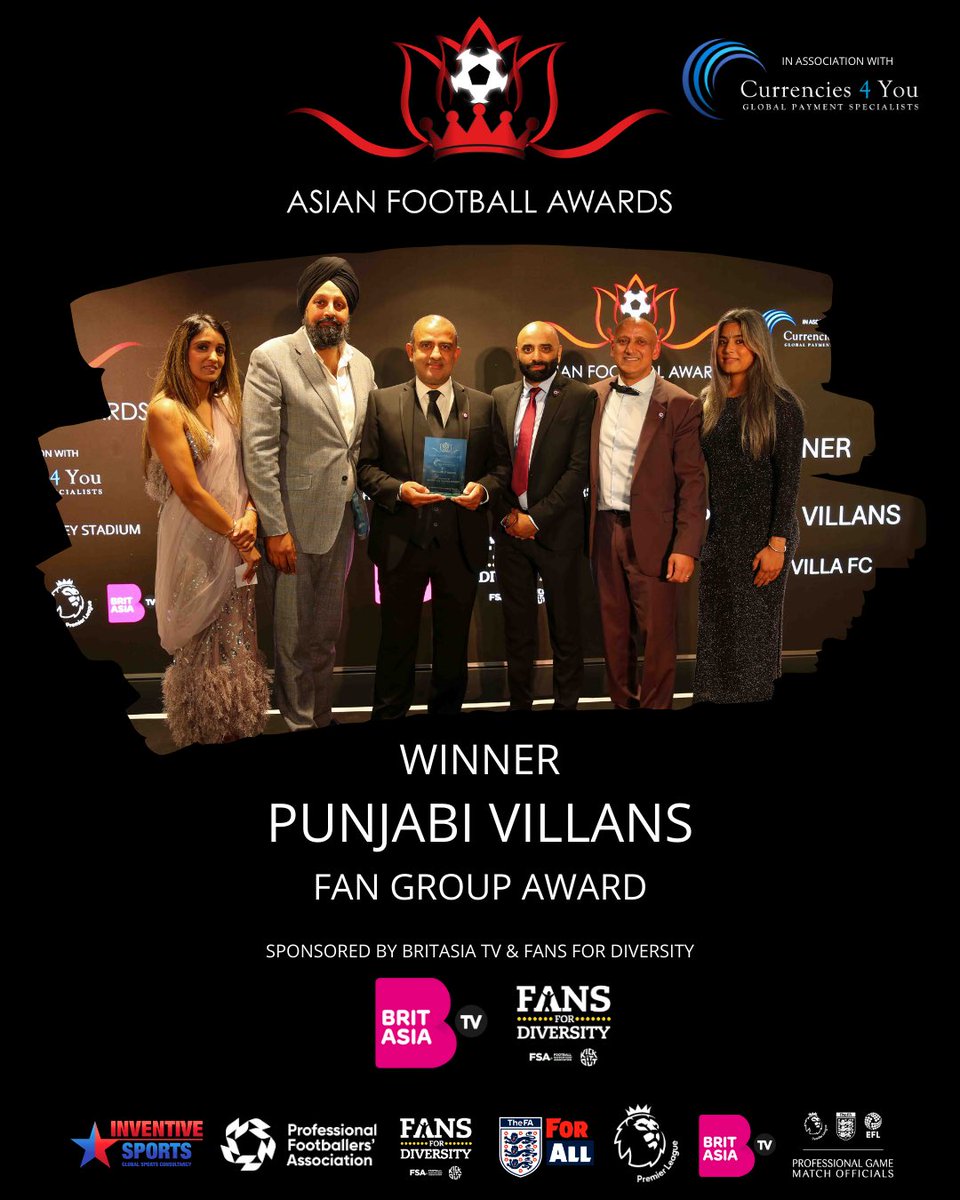AFA 2024 - Fan Group Award Winner ⚽️🏆 Punjabi Villans. Sponsored by <a href="/BritAsiaTV/">BritAsia TV</a> &amp; <a href="/Fans4Diversity/">FansForDiversity</a>  <a href="/WeAreTheFSA/">The FSA</a>. <a href="/PunjabiVillans/">Punjabi Villans</a> 

#AFA24 #AsianFootballAwards #SouthAsian #Football <a href="/AVFCOfficial/">Aston Villa</a>