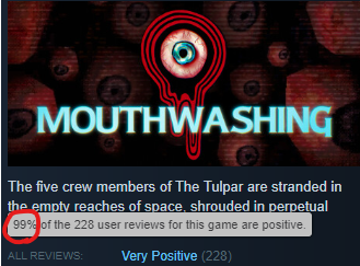 There's no way this'll hold, but Mouthwashing managed to get to >200 reviews at 99.5% positive. 

I am pogging.