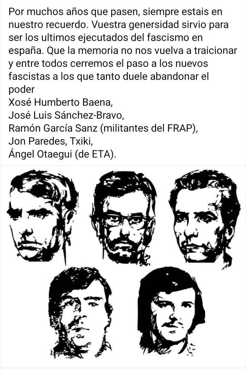 siestaparty's tweet photo. @Miotroyo2parte @monicaoltra @AngelsBarcelo Y vosotros, criminales?Hoy hacen 47 años q el régimen franquista y en su nombre el líder de la derecha española y fundador del @ppopular @ppn y Navarra @upn_navarra firmo la ejecución de las 5 últimas víctimas legales del franquismmo. Su recuerdo siempre estará en nuestra memoria https://t.co/8YPp6sbsCh