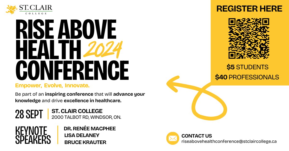 StClairCollege's tweet photo. With just one more day to go, join us for the Rise Above Health Conference, the premier event for St. Clair College students and healthcare professionals. 

🔗https://t.co/NBwW6tEVYN https://t.co/zVfcTECFWk
