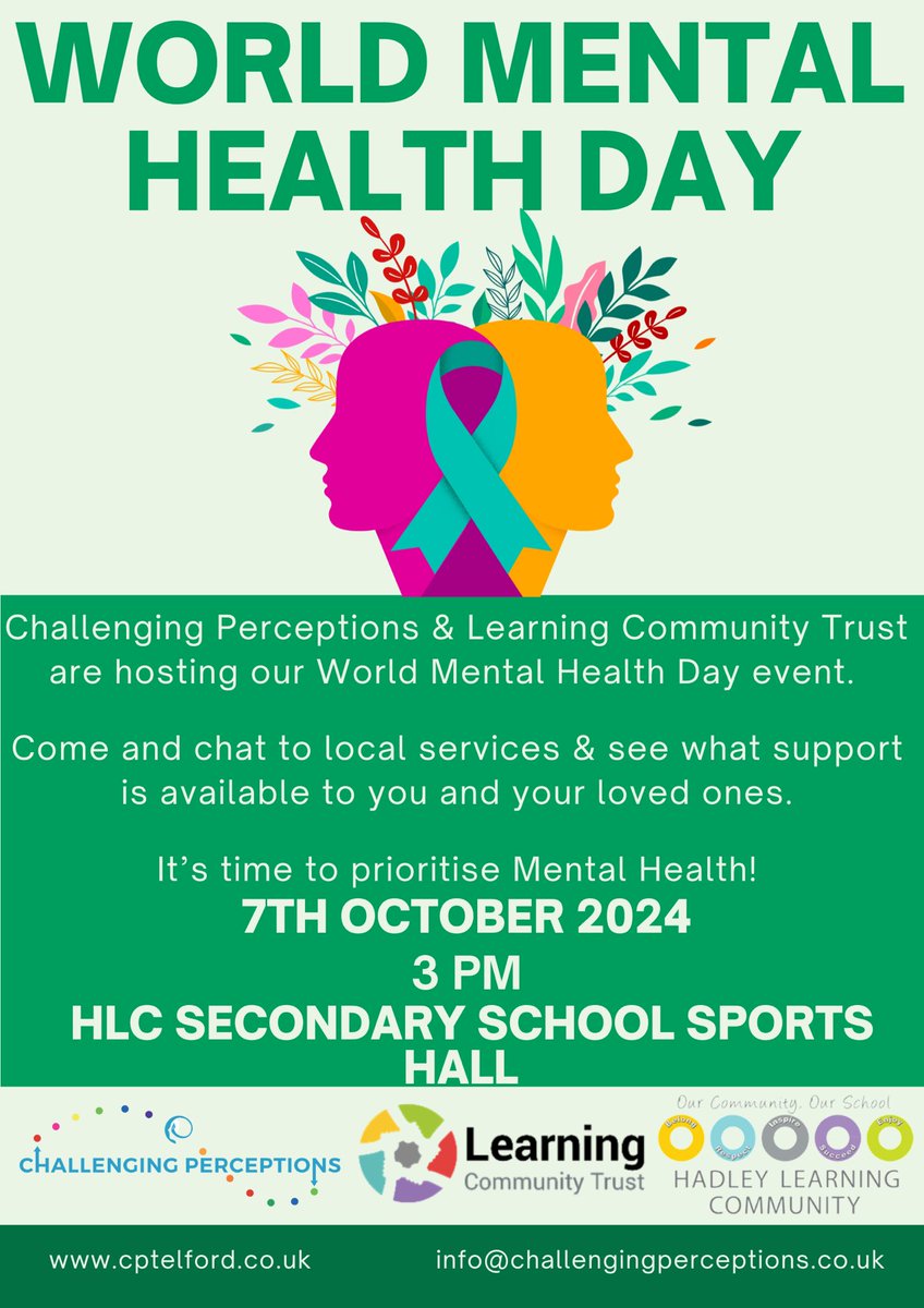 ChallengingPerc's tweet photo. This year We’ve teamed with our friends at @TeamLct to host our annual World Mental Health Day event. A massive thank you to Hadley Learning Community Secondary for hosting us we can’t wait! https://t.co/ELJ0nIx2zM