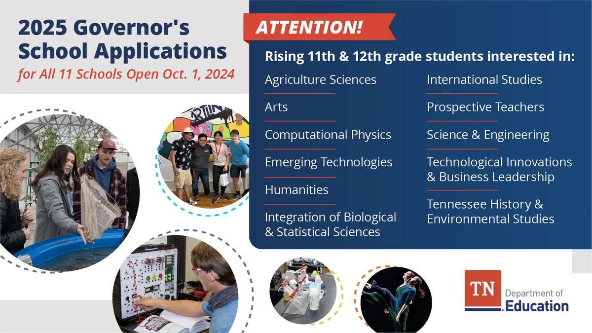 📝 Applications for all 11 Governor’s School programs open next week! Each 2025 summer program offers a unique learning environment for students interested in a variety of academic areas. Program info and deadlines are on our website: tn.gov/education/dist…