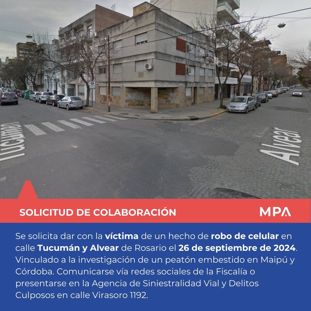 #SolicitudDeColaboracion | Se solicita la colaboración para dar con la victima de robo, bajo la modalidad de arrebato, de su celular en calle Tucumán y Alvear ocurrido el 26/9/24. Hecho investigado con posible vinculación  a persecución entre el identificado como B. A....
