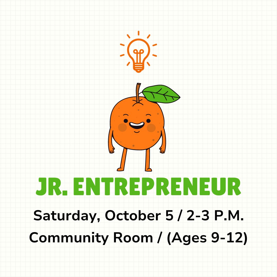 camarillolib's tweet photo. This workshop is designed for business-curious youth &amp; their families and is a recommended starting point for those aspiring to participate in the Jr. Entrepreneur Marketplace.

Date/Time: October 5 / 2 p.m.
Location: Community Room
Ages: 9-12

#rfbc #library #business #tween https://t.co/X6gj0voj3b