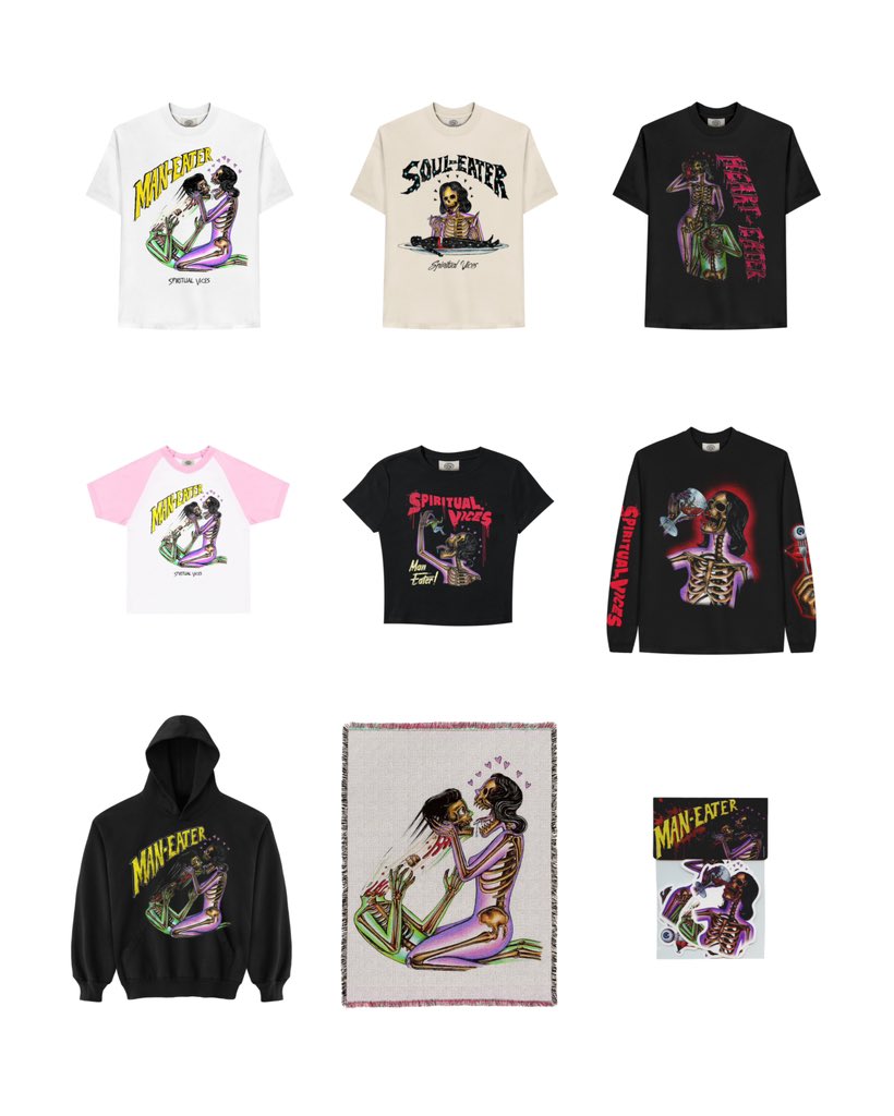 SPIRITUALVICES's tweet photo. ‘man eater’ collection now available 🍽️

https://t.co/OBpcUjP6OY https://t.co/c43pcr38ij