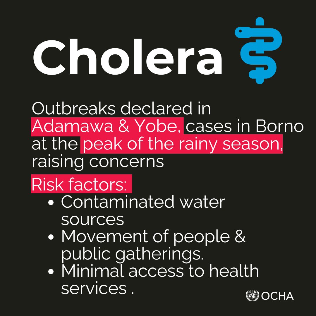 OCHANigeria's tweet photo. 🚨#Nigeria

Cholera outbreak declared in Adamawa &amp; Yobe, cases in Borno.

🚱Contamination of clean water due to flooding increases transmission.

@WHONigeria  @UNICEFNigeria &amp; partners are scaling up prevention efforts to reduce the spread, supporting the Government's response. https://t.co/AOca3xcUka