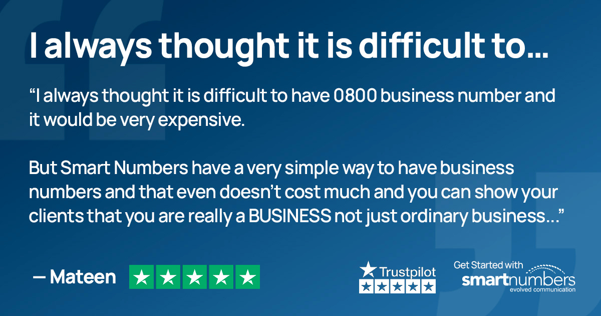 Smart_Numbers's tweet image. 📞 Getting an 0800 business number doesn&apos;t have to be hard or expensive! Mateen believed so until he found Smart Numbers. We made it simple and affordable! 🙌

👉bit.ly/SmartNumbersX

#SmartNumbers #TrustPilot #BusinessNumbersMadeEasy