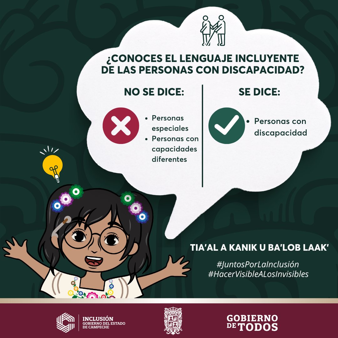 seincamp's tweet photo. Tia' al a kanik u ba´ lob laak´. (Para que aprendas otras cosas) ¿Conoces el lenguaje incluyente de las personas con discapacidad? #JuntosPorLaInclusión #HacerVisiblesALosInvisibles
@LaydaSansores @patyleonlopez_ https://t.co/a9m3zc9I8p