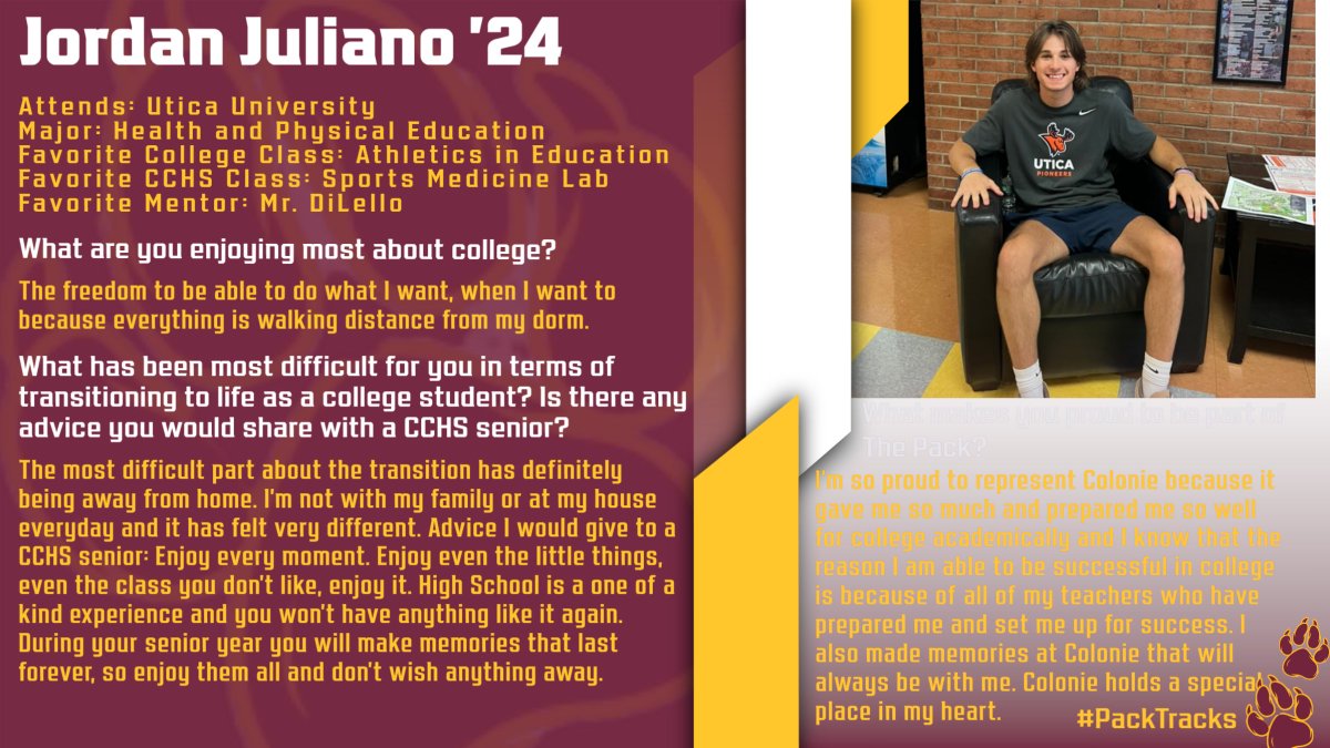 ColonieCCPC's tweet photo. We were so excited to hear from Jordan Juliano '24 about the transition to college life  @uticauniversity ! Jordan is a Health and Physical Education major at Utica and is enjoying a curriculum with courses like Athletics in Education!  Go Pioneers! https://t.co/lXENMMUP7d